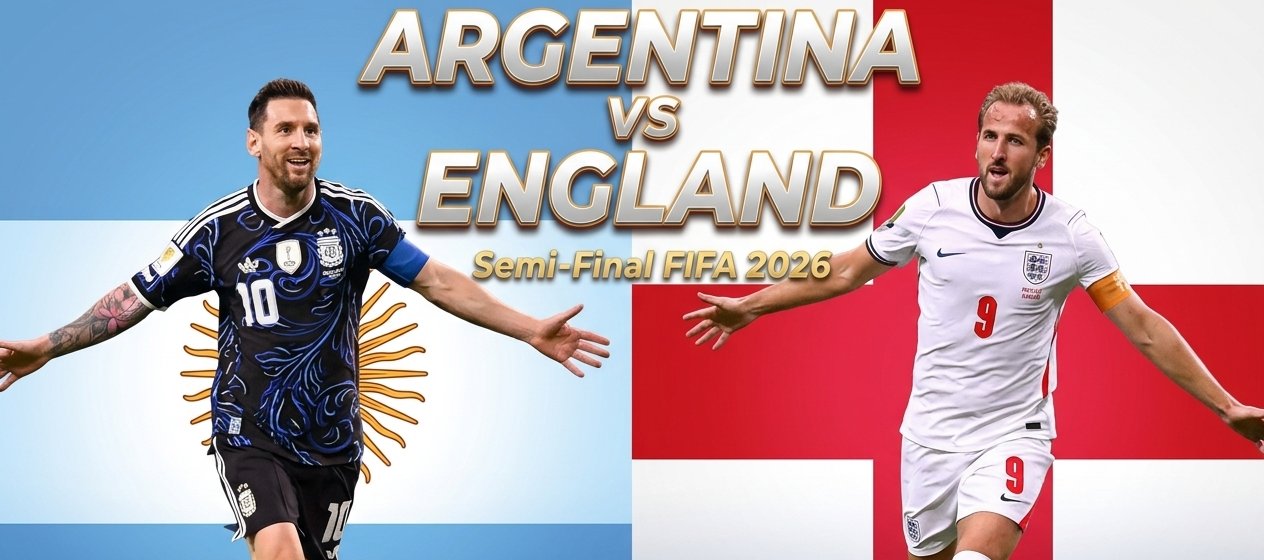 England vs Argentina FIFA World Cup 2026 semifinal graphic, Lionel Messi and Harry Kane