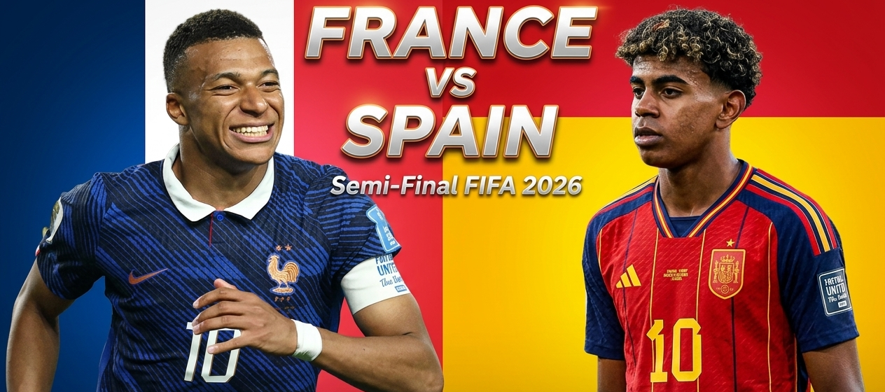 France vs Spain FIFA World Cup 2026 semifinal graphic, Kylian Mbappe and Lamine Yamal