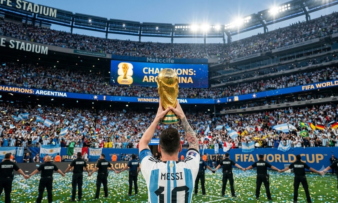 Argentina vs Spain FIFA World Cup 2026 final graphic: Messi lifting the World Cup trophy at MetLife Stadium
