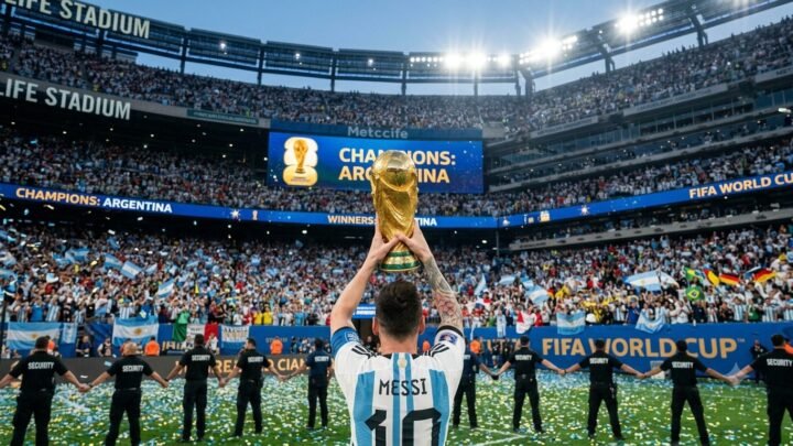 Argentina vs Spain FIFA World Cup 2026 final graphic: Messi lifting the World Cup trophy at MetLife Stadium